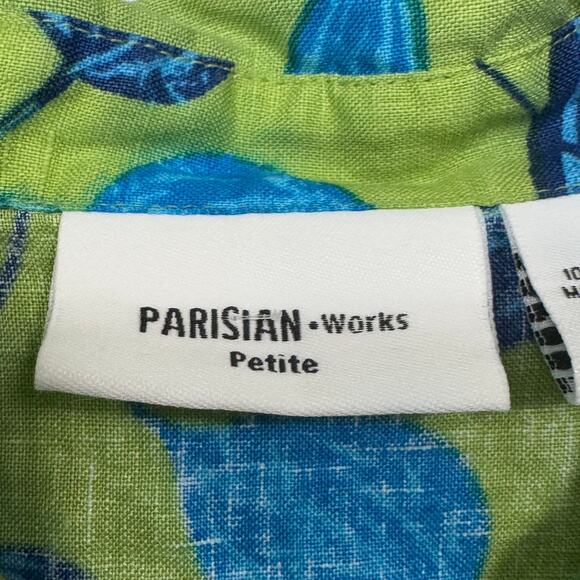 Parisian Works Womens Button Up Blouse Size Petite Medium Green Blue 100% Linen - Picture 4 of 12